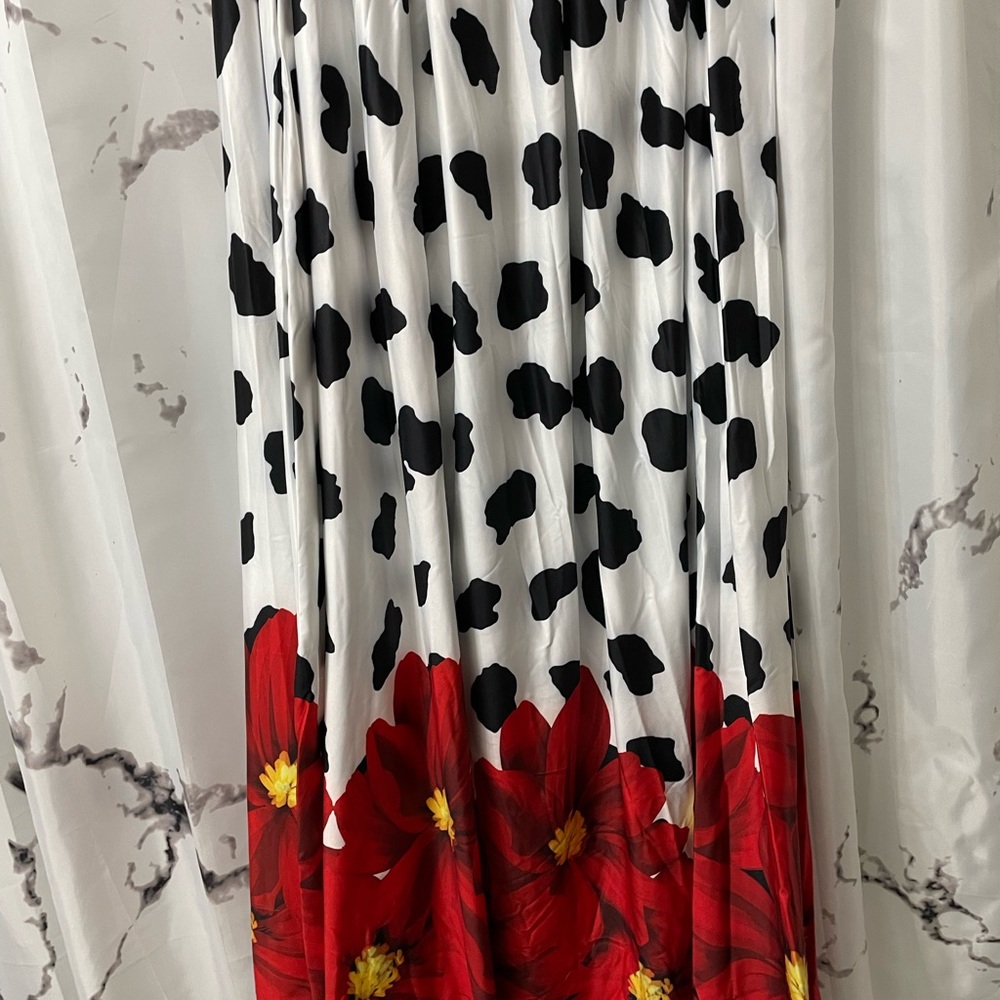 Black and White Design Skirt with Red Floral Design